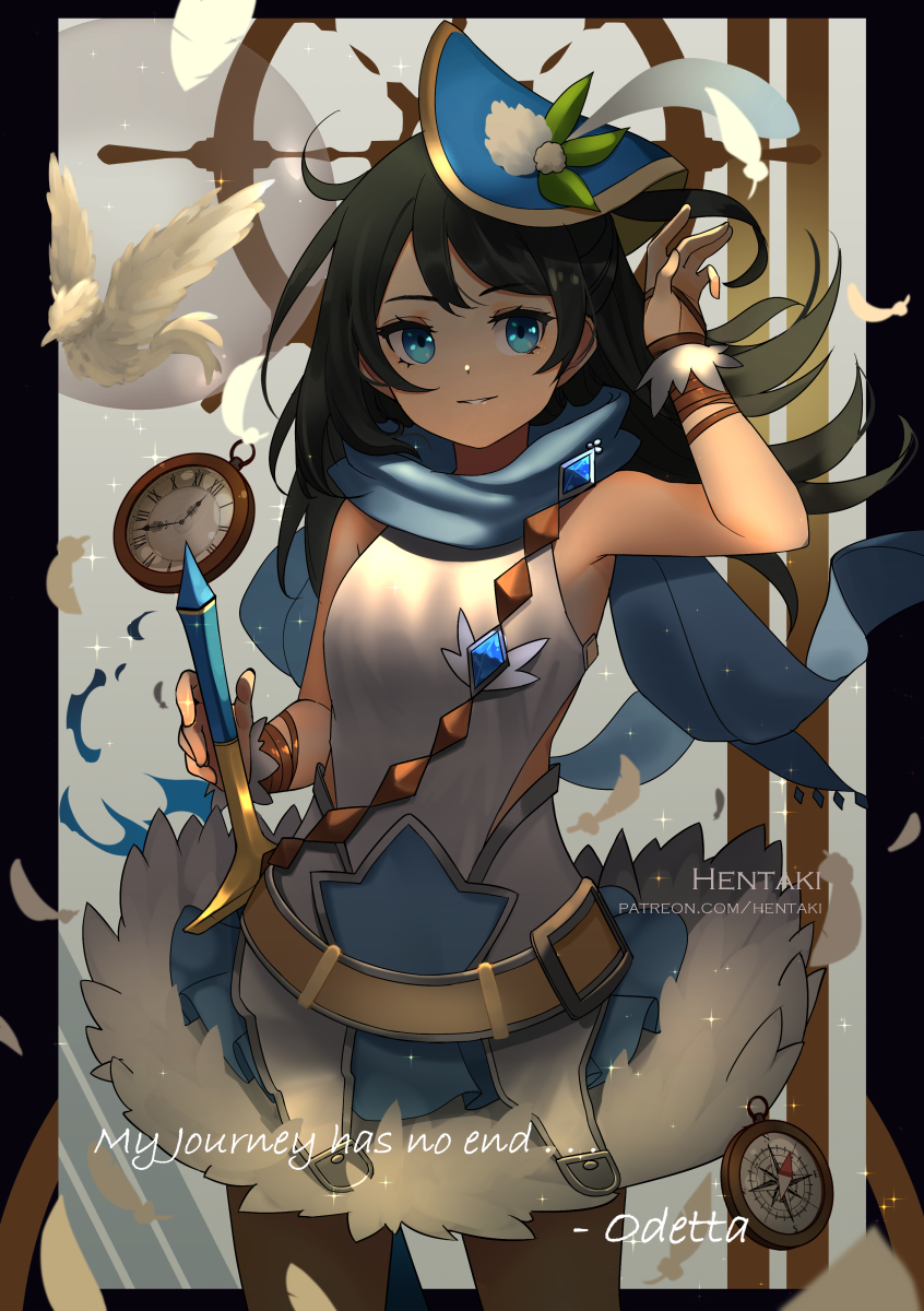 1girl animal armpits artist_name bare_shoulders belt bird black_border black_hair blue_eyes blue_hat blue_scarf blurry border breasts character_name commentary cowboy_shot dragalia_lost dress english_commentary feathers female_focus floating_hair half_updo hand_up hat hentaki highres long_hair looking_at_viewer odetta_(dragalia_lost) parted_lips patreon_username scarf sidelocks sleeveless sleeveless_dress small_breasts smile solo sparkle standing steering_wheel sword weapon white_dress