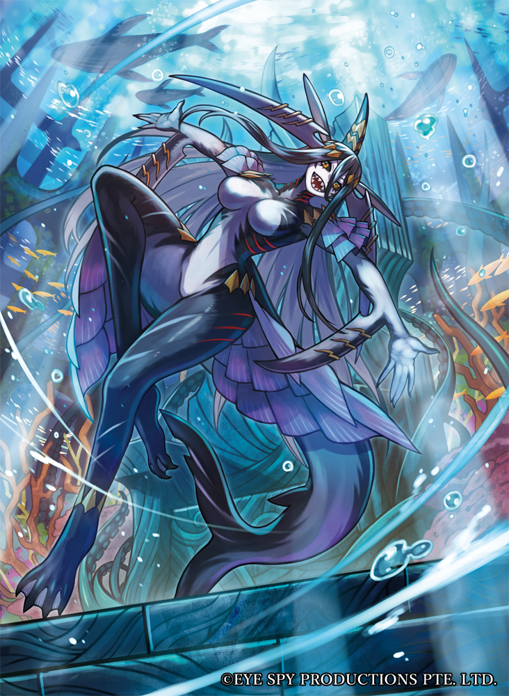 1girl arm_fins black_hair black_sclera black_skin breasts colored_sclera colored_skin coral_reef fins fish_girl fish_tail force_of_will head_fins long_hair looking_at_viewer medium_breasts multicolored_skin open_mouth outstretched_arms ruins rumie school_of_fish sharp_teeth solo spread_arms tail teeth two-tone_skin underwater very_long_hair whale white_skin yellow_eyes