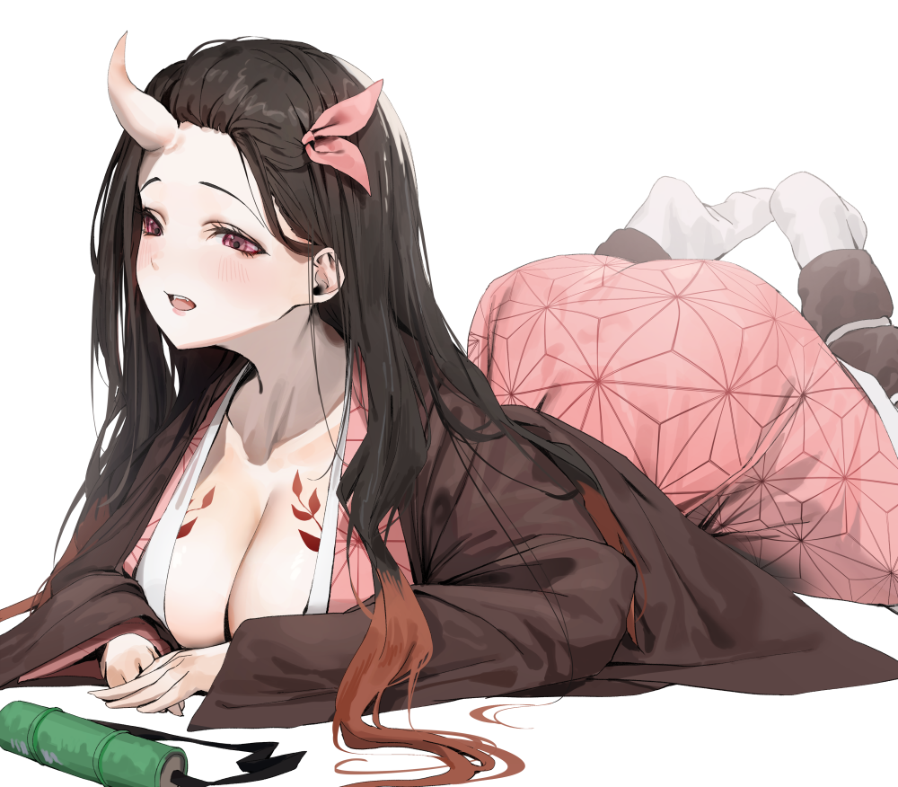 1girl aged_up alternate_breast_size ass bit_gag black_hair breast_tattoo breasts brown_hair brown_kimono cleavage collarbone gag unworn_gag hair_ribbon horns japanese_clothes kamado_nezuko kimetsu_no_yaiba kimono large_breasts long_hair lying multicolored_hair on_stomach pink_eyes pink_kimono pink_ribbon poharo ribbon simple_background single_horn solo tattoo two-tone_hair white_background