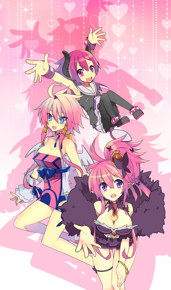 3girls arms_up black_legwear blue_bow blue_eyes bow bracelet breasts cleavage color_connection crown disgaea feather_boa hair_color_connection horns jewelry large_breasts lololotton looking_at_viewer makai_senki_disgaea_3 makai_senki_disgaea_4 makai_senki_disgaea_5 multiple_girls necktie pantyhose pink_background pink_eyes pink_hair purple_eyes raspberyl red_crown red_necktie sailor_collar school_uniform serafuku seraphina_(disgaea) short_hair smile vulcanus_(disgaea_4) white_sailor_collar wrist_cuffs