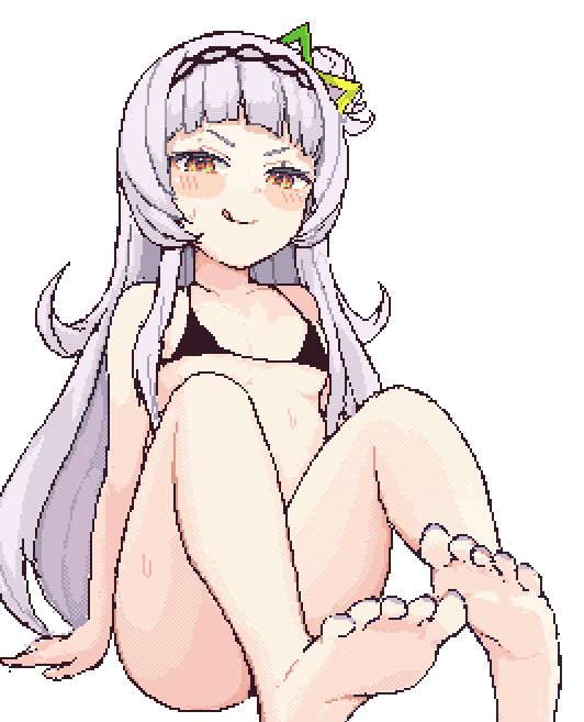 1girl barefoot bikini feet flat_chest full_body grey_hair hololive licking_lips micro_bikini murasaki_shion pixel_art simple_background sitting solo sweat swimsuit toes tongue tongue_out virtual_youtuber white_background yellow_eyes zou_eita