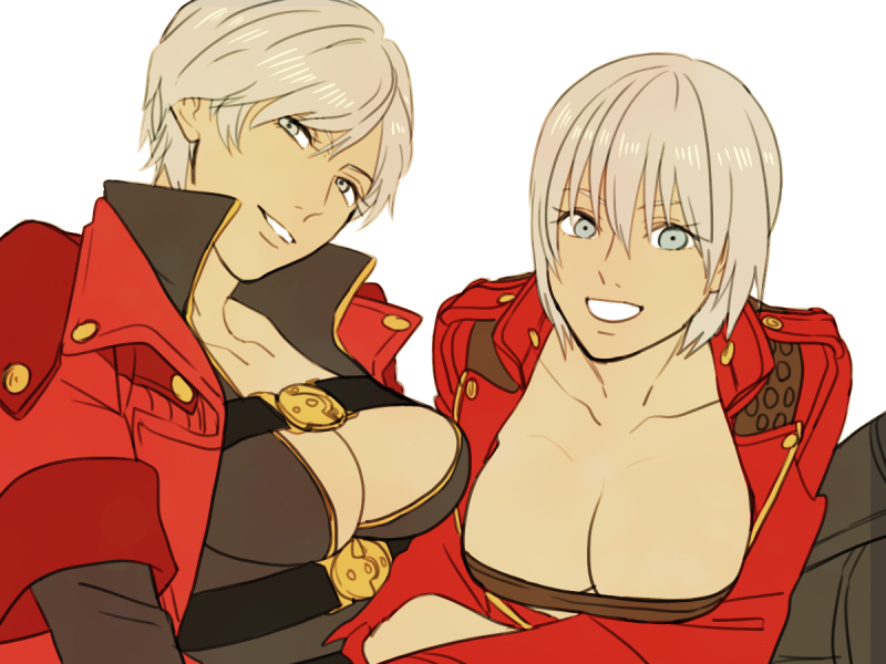 2girls blue_eyes breasts capcom cleavage coat dante devil_may_cry_(series) dual_persona gender_request genderswap large_breasts multiple_girls short_hair tasasakiamagu white_hair