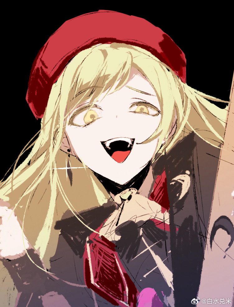 1girl baiyubyy bang_dream! bang_dream!_it&#039;s_mygo!!!!! beret black_background blonde_hair chinese_commentary commentary_request earrings hat jewelry long_hair looking_at_viewer mortis_(bang_dream!) open_mouth red_hat simple_background solo teeth upper_body upper_teeth_only wakaba_mutsumi weibo_watermark yellow_eyes