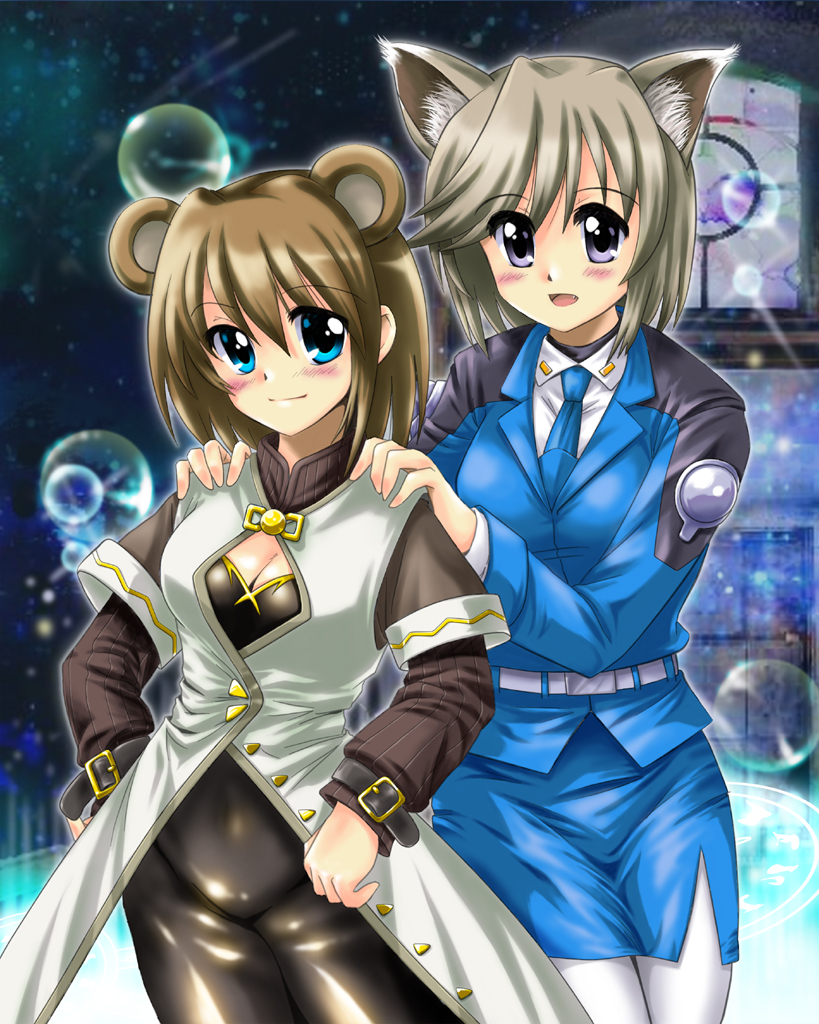 2girls animal_ears blue_eyes brown_hair cat_ears cosplay costume_switch fox_ears lyrical_nanoha mahou_shoujo_lyrical_nanoha mahou_shoujo_lyrical_nanoha_strikers military military_uniform multiple_girls pantyhose pencil_skirt purple_eyes raccoon_ears rynith san-pon short_hair skirt white_pantyhose yagami_hayate