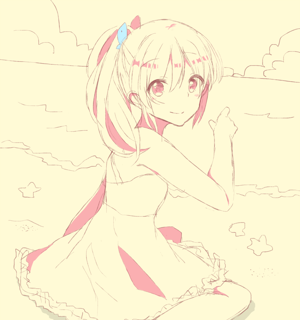 10s 1girl beach cloud dress female_focus free! irone_(miyamiya38) matsuoka_gou monochrome pointing ponytail sitting sketch smile solo