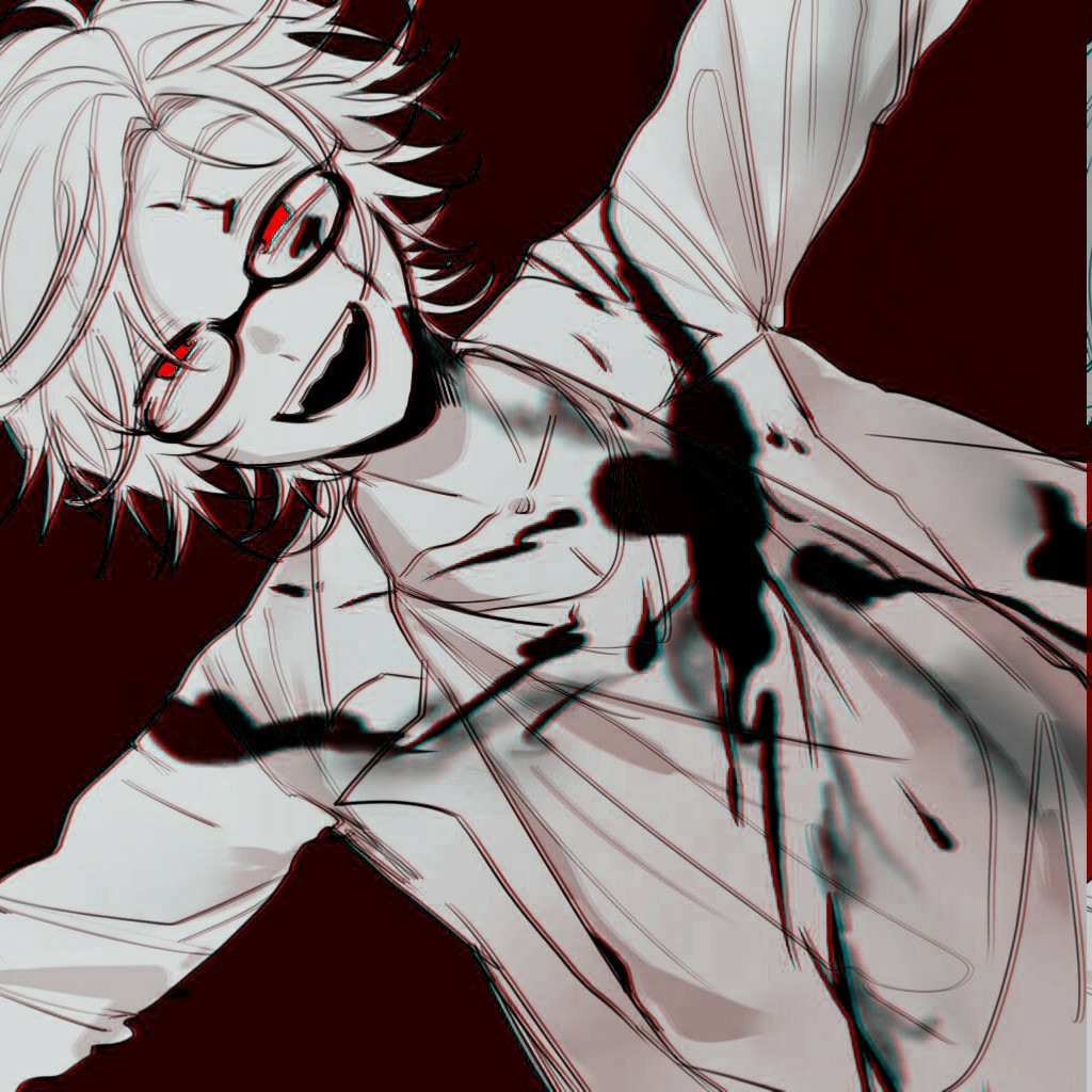 1boy blood blood_splatter chinese_commentary collarbone commentary_request crazy dot_nose dutch_angle glasses greyscale greyscale_with_colored_background half-closed_eyes kanou_aogu lab_coat lapels lemijiang long_sleeves looking_at_viewer male_focus monochrome notched_lapels open_mouth outstretched_arms pectoral_cleavage pectorals red_background red_eyes saibou_shinkyoku sharp_teeth shirt short_hair simple_background smile solo spot_color straight-on teeth upper_body