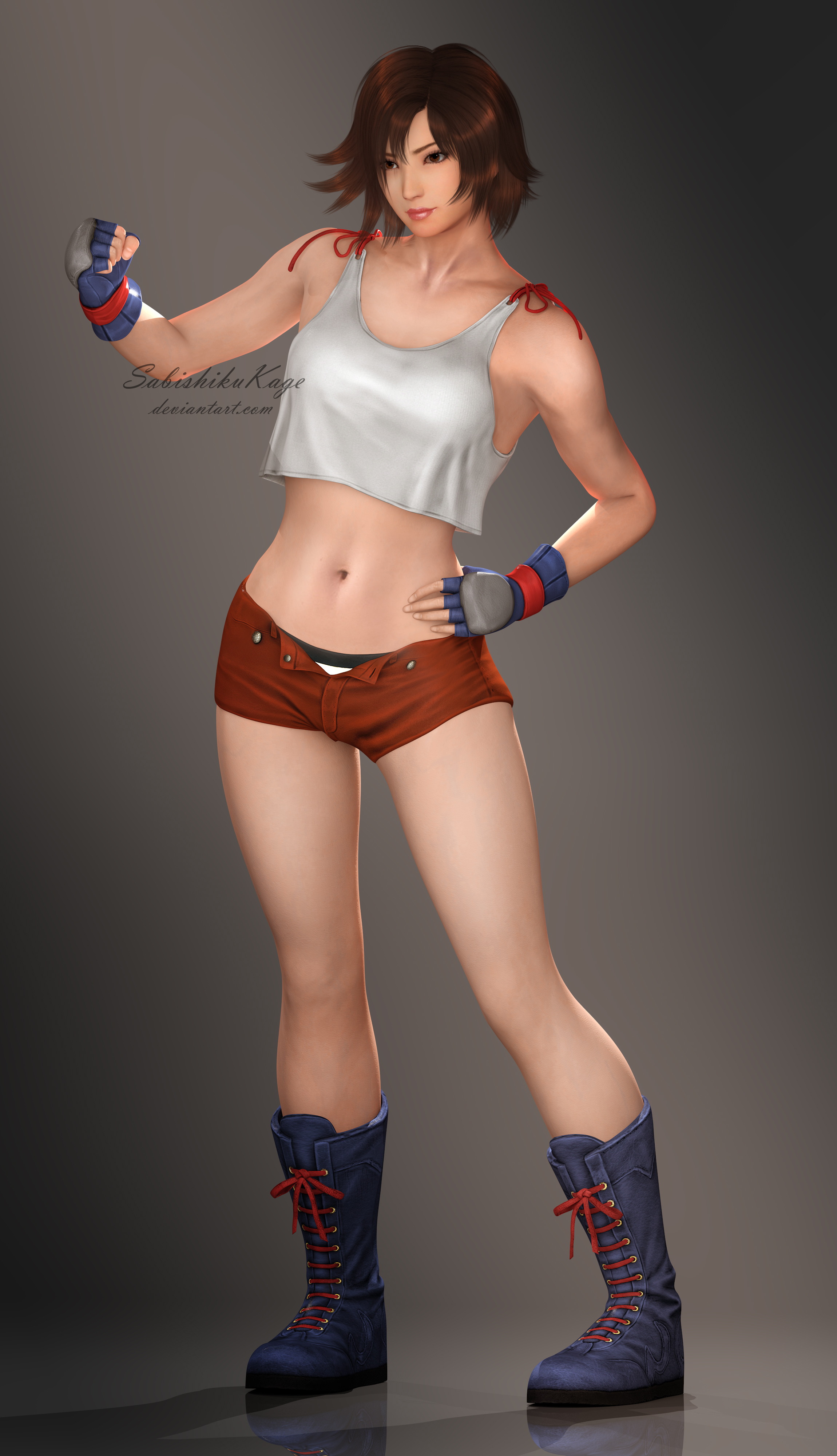 kazama asuka, namco, tekken, absurdres, highres, 1girl, 3d, black eyes,  boots, brown hair, female focus, fingerless gloves, full body, gloves, hand  on own hip, looking at viewer, open clothes, open shorts, red