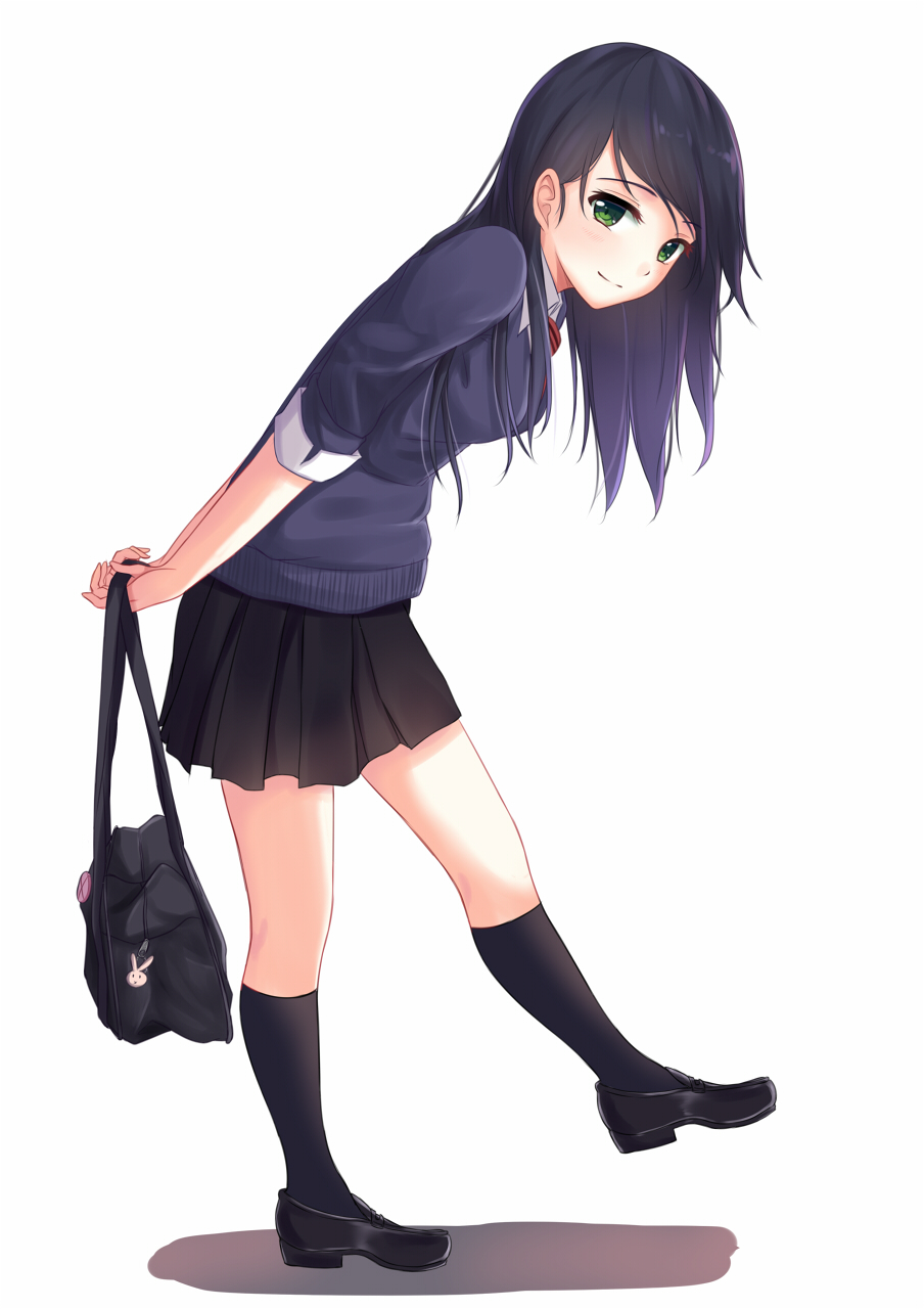 1girl bag bag_charm black_footwear black_hair black_skirt black_socks breasts charm_(object) closed_mouth female_focus from_side full_body green_eyes highres holding holding_bag itachi_kanade kneehighs light_smile long_hair looking_at_viewer medium_breasts original pleated_skirt school_bag school_uniform shoes shoulder_bag simple_background skirt sleeves_rolled_up socks solo sweater walking white_background