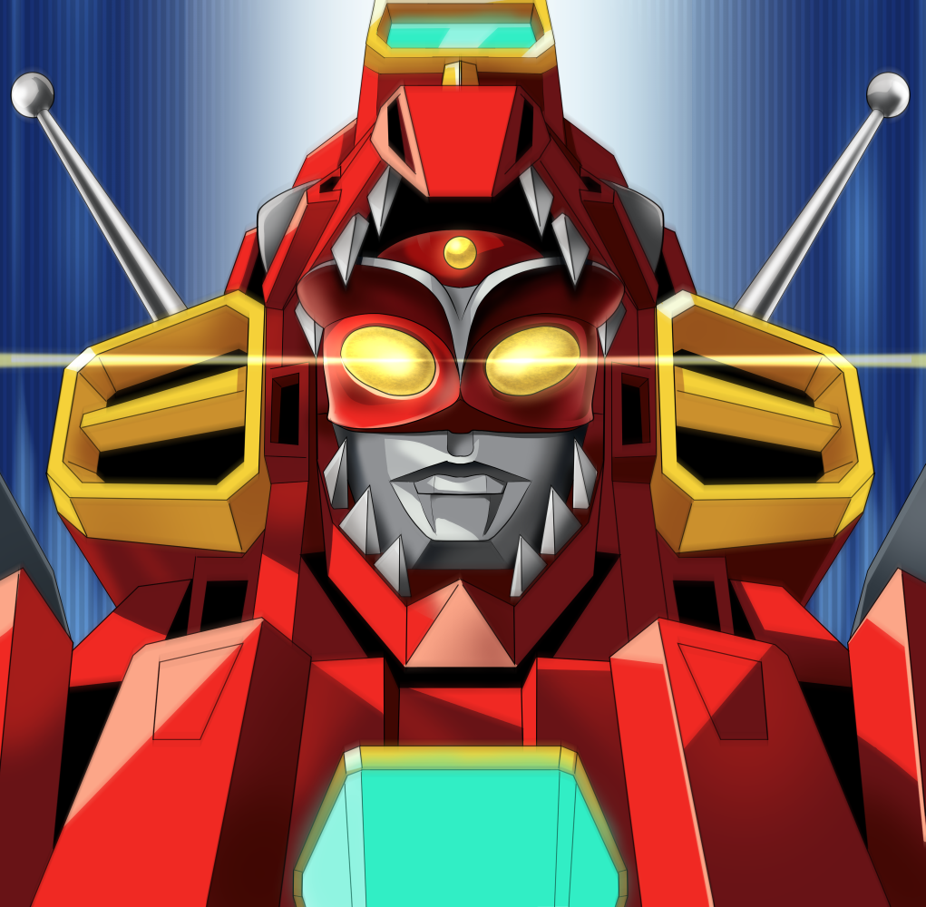 1boy antennae company_connection crossover dynazenon_(character) fusion giant glowing glowing_eyes gridman_universe male_focus mecha no_humans open_mouth parody redman redman_(character) robot ssss.dynazenon tk8d32 tokusatsu upper_body