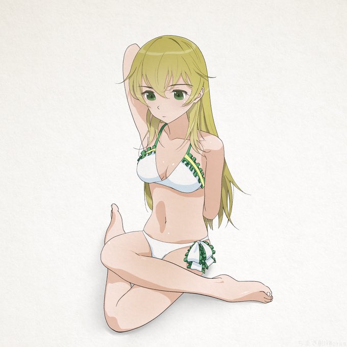 10s 1girl arms_behind_back bad_id bad_twitter_id bikini blonde_hair breasts carpaccio_(girls_und_panzer) chimaki_(u9works) cleavage crossed_arms female_focus frilled_bikini frills full_body girls_und_panzer green_eyes hair_between_eyes lace lace-trimmed_bikini lace_trim long_hair medium_breasts navel sitting solo swimsuit white_background