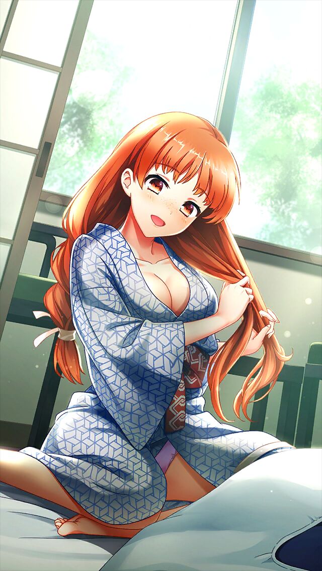 1girl :d barefoot blue_kimono blush braid breasts cleavage day doukyuusei doukyuusei_another_world dutch_angle futon game_cg hair_ribbon head_tilt indoors japanese_clothes kimono large_breasts long_hair nishina_kurumi obi official_art open_mouth orange_eyes orange_hair panties pantyshot pink_panties ribbon sash smile solo third-party_source tying_hair underwear white_ribbon