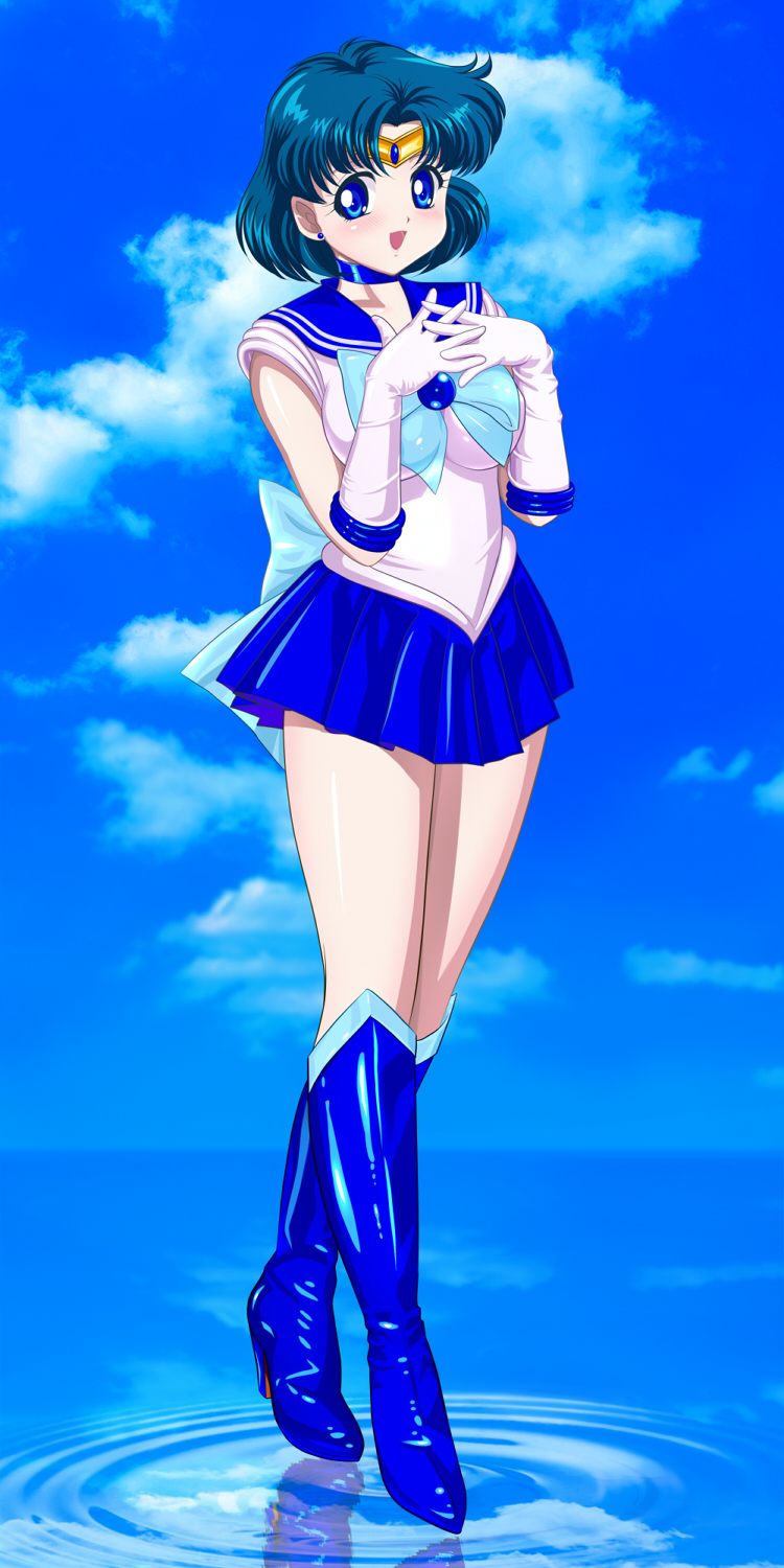 1girl bishoujo_senshi_sailor_moon blue_choker blue_eyes blue_hair blue_sailor_collar blue_skirt boots bow choker circlet earrings elbow_gloves gloves gold highres jewelry magical_girl mizuno_ami pirochi sailor_collar sailor_mercury sailor_senshi_uniform short_hair skirt smile solo white_gloves