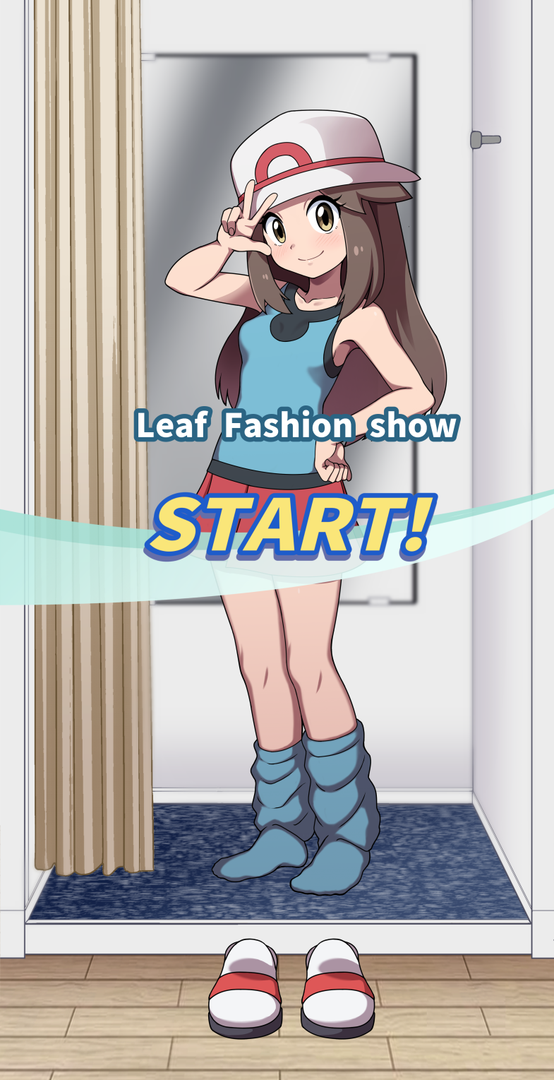 1girl brown_eyes brown_hair bucket_hat closed_mouth commentary_request commission creatures_(company) curtains english_text eyelashes fitting_room game_freak hair_flaps hand_on_own_hip hand_up hat highres indoors knees kohatsuka leaf_(pokemon) long_hair looking_at_viewer loose_socks nintendo pixiv_commission pleated_skirt pokemon pokemon_frlg red_skirt shirt shoes sidelocks skirt sleeveless sleeveless_shirt smile socks solo standing unworn_shoes white_footwear white_hat wooden_floor