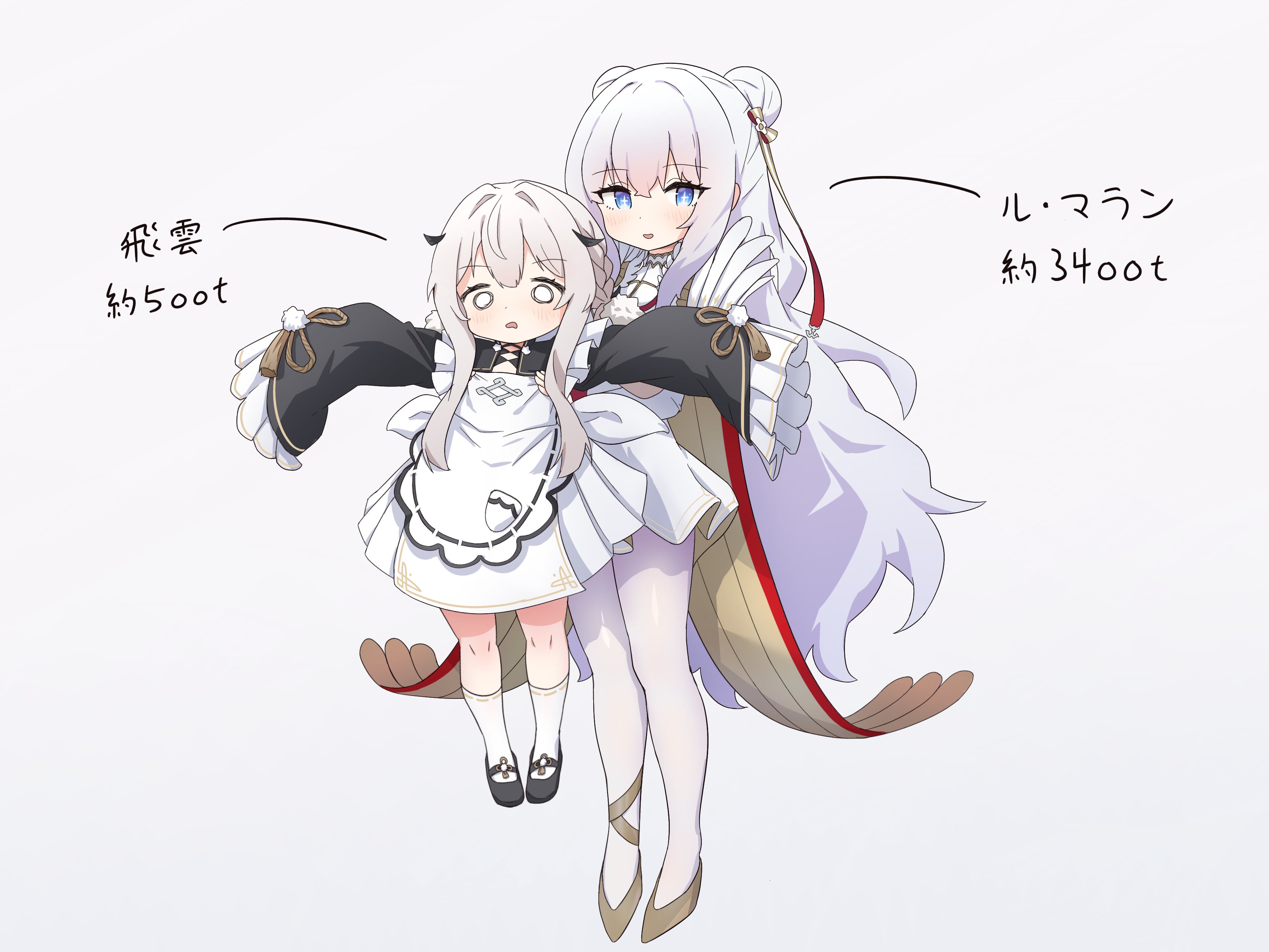 fei yuen (azur lane), le malin (azur lane), azur lane, absurdres, check  translation, commentary request, highres, translation request, + +, 2girls,  apron, black footwear, blue eyes, character name, double bun, dress, hair