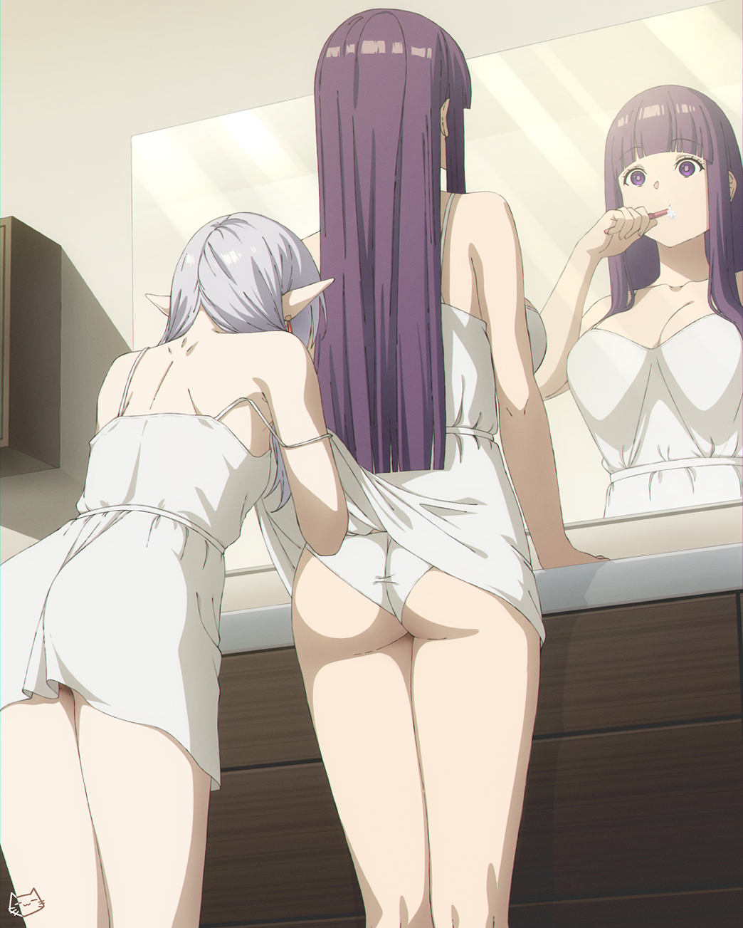 2girls ass back bare_shoulders blunt_bangs breasts brushing_teeth cleavage commentary dress earrings fern_(sousou_no_frieren) frieren grey_hair highres jewelry keihh large_breasts long_hair mirror multiple_girls paid_reward_available panties pointy_ears purple_eyes purple_hair reflection sousou_no_frieren strap_slip underwear wedgie white_dress white_panties wiping_face