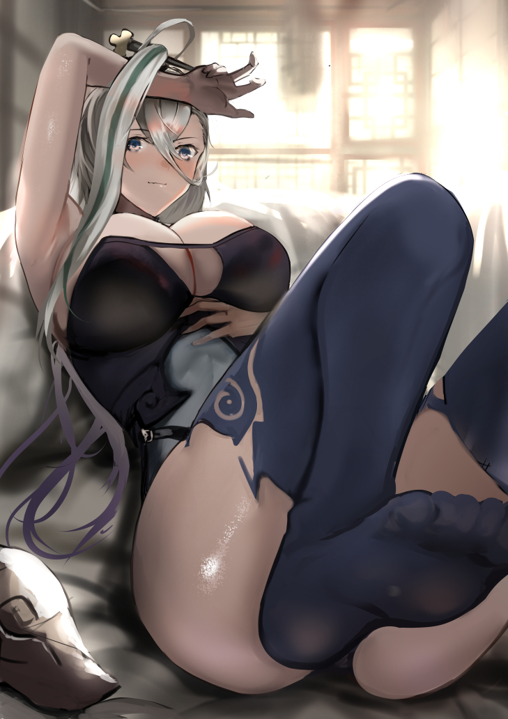 1girl armpits ass black_panties breasts fate/grand_order fate_(series) feet feet_up female_focus hair_between_eyes hair_ornament hairpin hand_on_own_head hand_on_own_stomach huyan_zhuo_(fate) jikihatiman large_breasts light_blush long_hair looking_at_viewer lying multicolored_hair on_back panties shiny_skin thick_thighs thighhighs thighs two-tone_hair underwear window