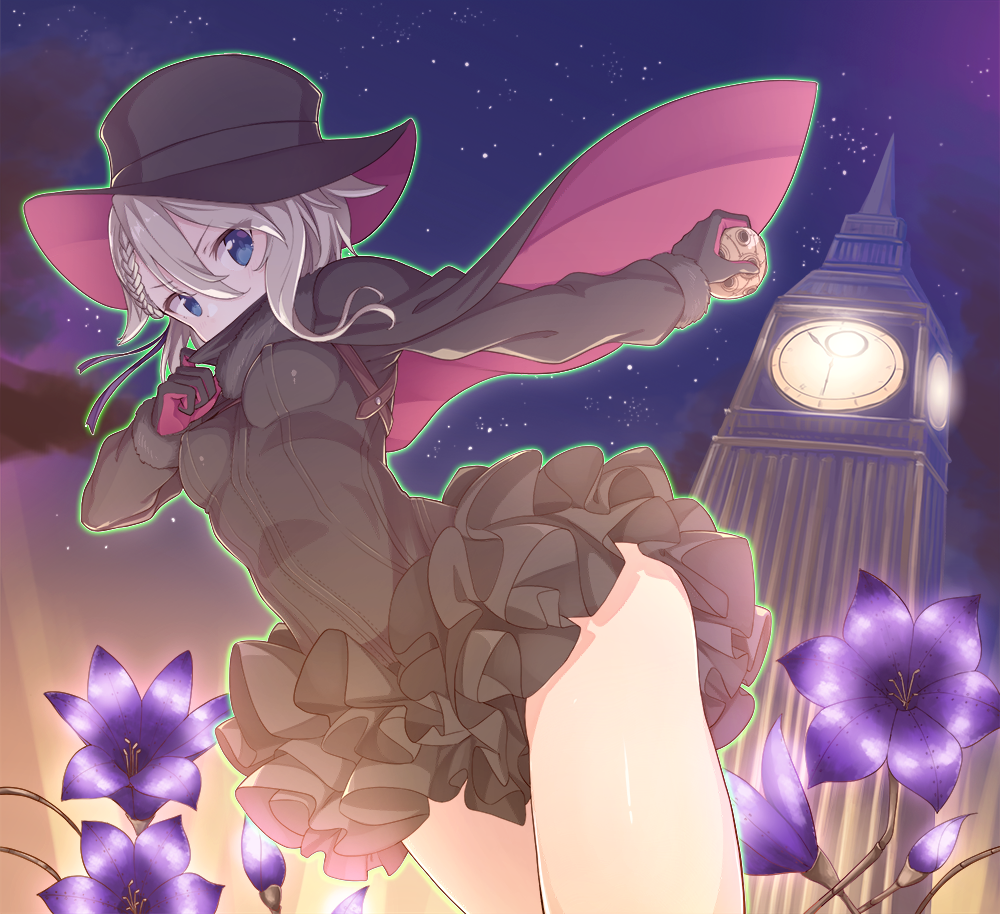 10s 1girl ange_(princess_principal) black_gloves blue_eyes bow bowtie braid cape cavorite_ball elizabeth_tower female_focus flower gloves grey_hair hat konnyaku_(kk-monmon) long_sleeves looking_at_viewer night night_sky outdoors princess_principal short_hair skirt sky solo top_hat