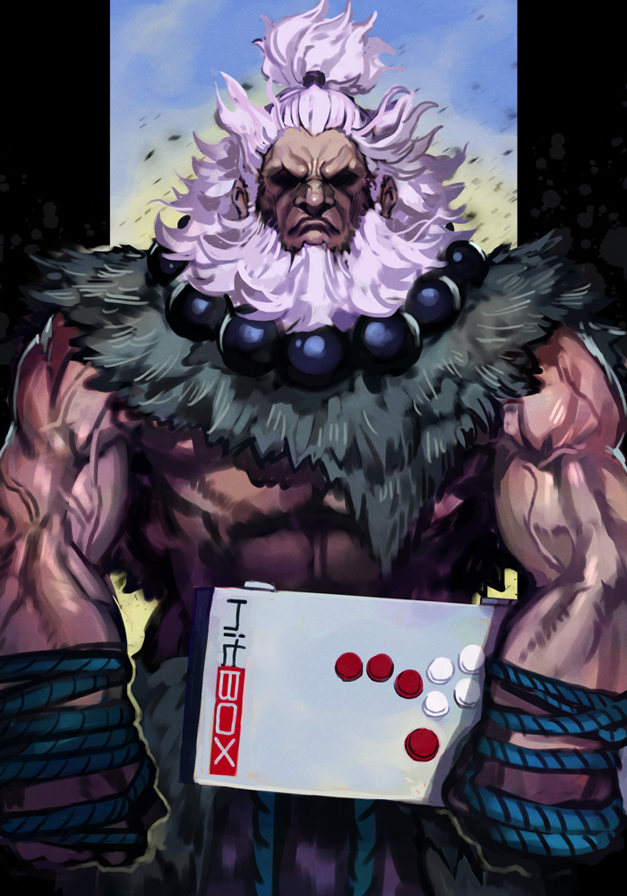 1boy akuma_(street_fighter) arcade_stick bead_necklace beads beard controller eyes_in_shadow facial_hair frown game_controller hungry_clicker jewelry joystick male_focus muscular muscular_male necklace street_fighter street_fighter_6 topknot veins veiny_arms white_hair