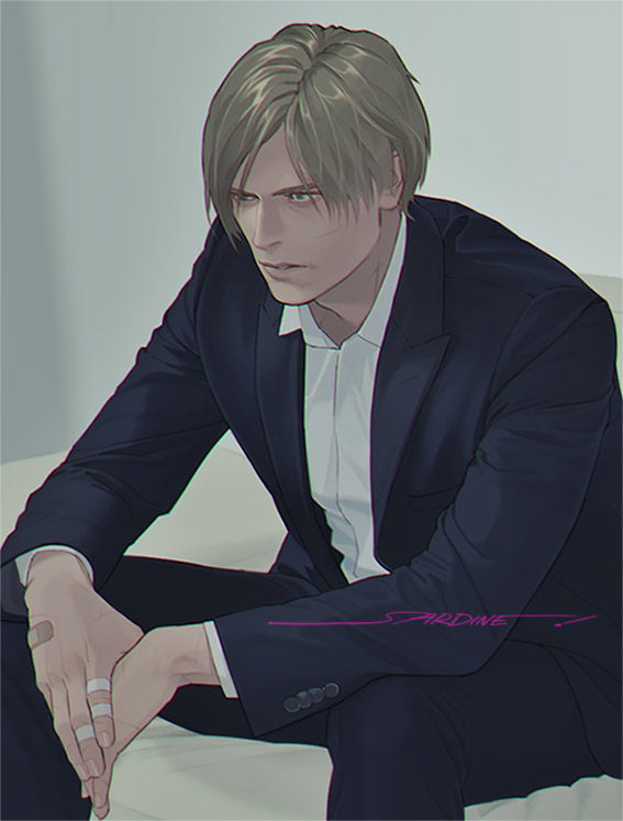 1boy bandaid bandaid_on_hand black_jacket black_pants black_suit blonde_hair blue_eyes collared_shirt elbow_on_knee formal_clothes from_side grey_background jacket lapels layered_sleeves leon_s._kennedy long_sleeves looking_ahead male_focus pants parted_lips resident_evil sardine_(kjr0313) shirt signature sitting solo suit suit_jacket white_shirt