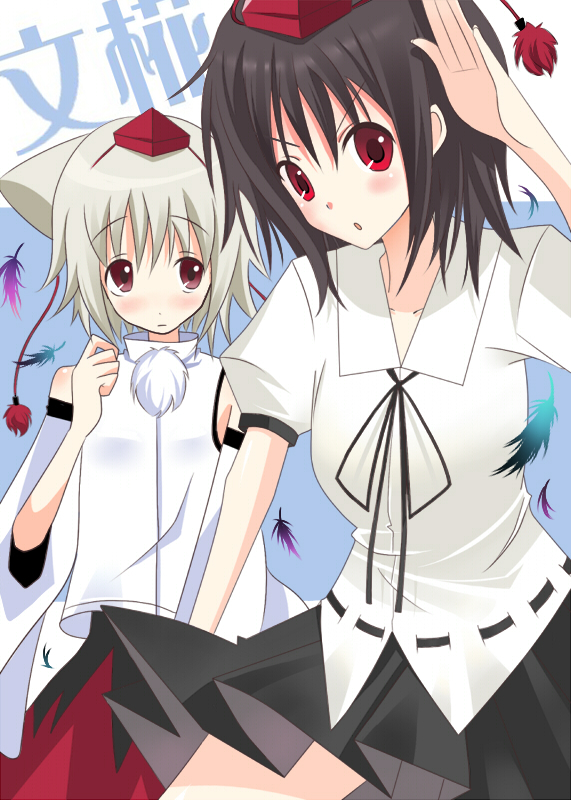 2girls animal_ears bad_id bad_pixiv_id black_hair detached_sleeves feathers female_focus hat inubashiri_momiji kyu multiple_girls red_eyes shameimaru_aya silver_hair standing tokin_hat touhou wolf_ears