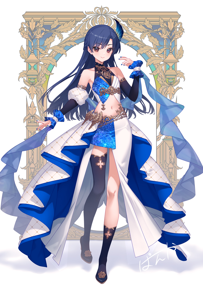 1girl asymmetrical_legwear bare_shoulders blue_hair blue_nails brown_eyes closed_mouth collarbone detached_sleeves feather_hair_ornament feathers frilled_wristband full_body hair_ornament hand_up highres idolmaster idolmaster_(classic) kisaragi_chihaya kutori_pan&#039;ya long_hair looking_at_viewer midriff nail_polish navel signature single_detached_sleeve skirt smile solo standing thighhighs white_background