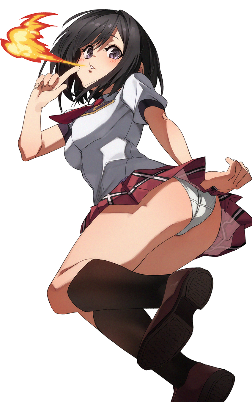 1girl black_hair black_socks breasts brown_footwear commentary_request fire fu-ta highres kirisaki_kyouko_(toloveru) looking_at_viewer medium_breasts panties plaid_clothes plaid_skirt purple_eyes red_skirt shirt shoes short_hair simple_background skirt socks solo thighs to_love-ru underwear white_background white_panties white_shirt