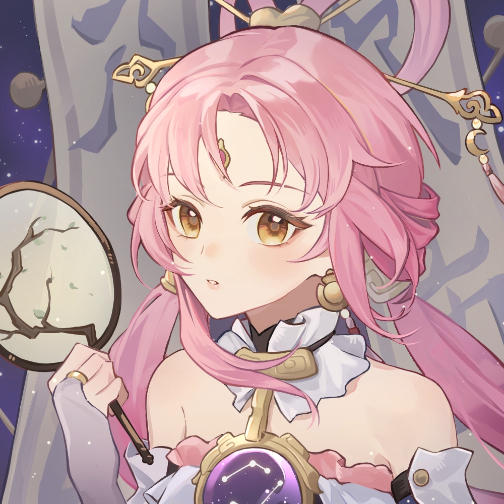 1girl bare_shoulders fu_xuan_(honkai:_star_rail) hair_ornament hair_rings holding honkai:_star_rail honkai_(series) jewelry long_hair looking_at_viewer mirror parted_lips pink_hair solo tuanshan twintails upper_body xiaoshu yellow_eyes