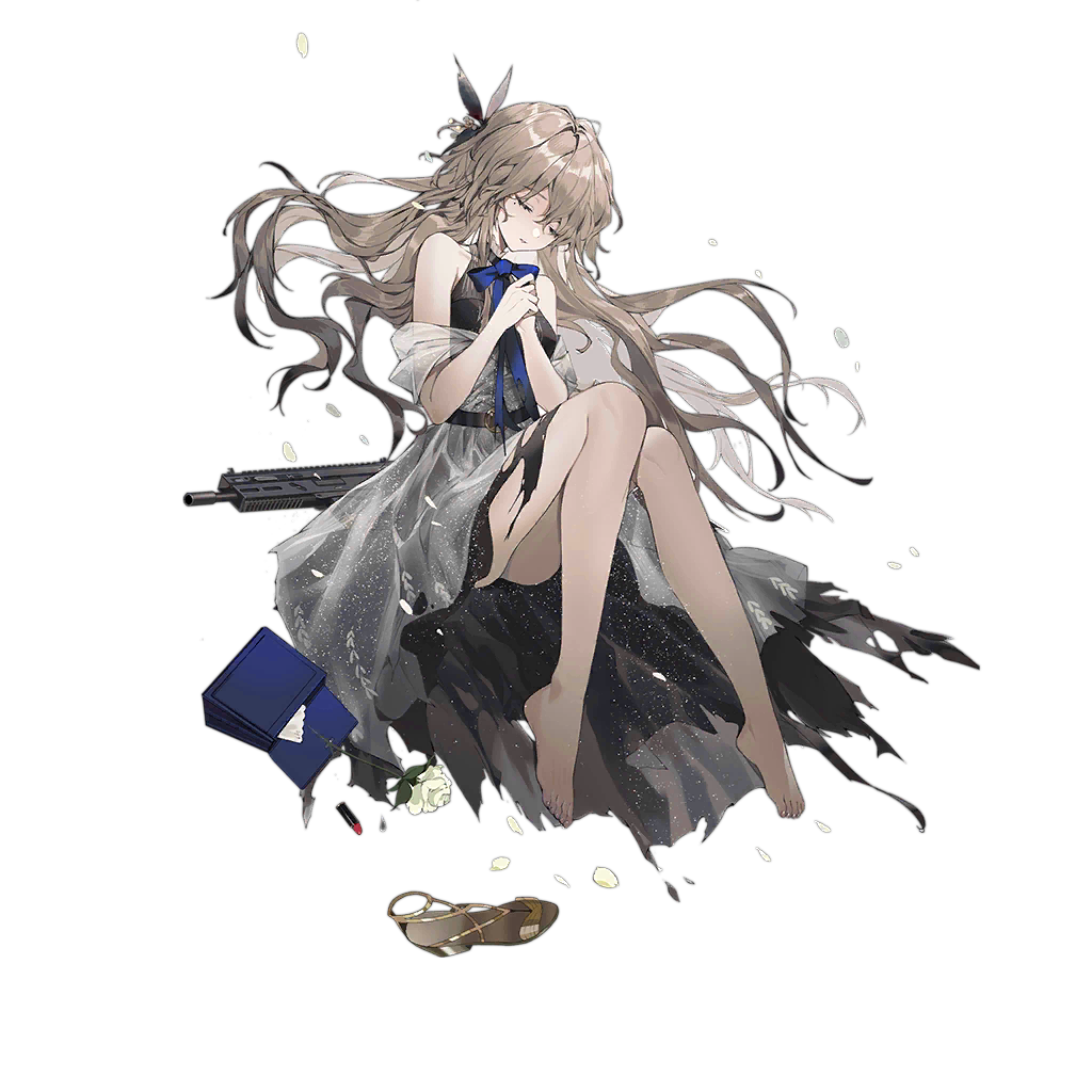 1girl bag bare_legs bare_shoulders barefoot belt black_belt black_dress blonde_hair blue_bow blue_bowtie bow bowtie breasts closed_eyes closed_mouth cosmetics dress flower girls&#039;_frontline gun hair_flower hair_ornament hand_on_hand lipstick_tube long_hair medium_breasts mole mole_under_eye official_art petals rose shoes sitting solo sp9_(girls&#039;_frontline) sp9_(slumbering_starry_dream)_(girls&#039;_frontline) stribog_sp9 submachine_gun toes torn_clothes torn_dress transparent_background unworn_bag unworn_shoe unworn_shoes weapon white_dress white_flower white_rose youamo