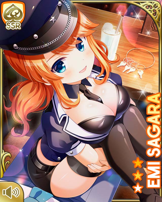 1boy 1girl black_bra black_footwear black_necktie black_skirt black_thighhighs blue_eyes blue_hat blue_shirt bra cafe card_(medium) character_name girlfriend_(kari) hair_ornament hat looking_at_viewer midriff necktie night official_art open_mouth orange_hair police police_hat police_uniform policewoman prison qp:flapper red_ribbon ribbon sagara_emi shirt shoes sitting sitting_on_lap sitting_on_person skirt ssr tagme thighhighs two_side_up underwear