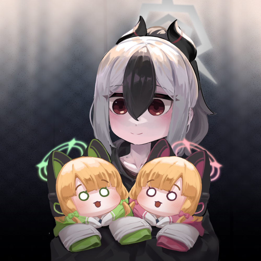 3girls animal_ear_headphones animal_ears black_hair black_hoodie black_horns blonde_hair blue_archive bow carrying carrying_person cat_ear_headphones cat_ears chibi collarbone demon_horns downturned_eyes fake_animal_ears green_bow green_halo grey_halo hair_between_eyes hair_bow halo headphones holding hood hoodie horns hug hug_from_behind kayoko_(blue_archive) light_blush long_hair_between_eyes long_sleeves low-tied_sidelocks midori_(blue_archive) mole mole_on_neck momoi_(blue_archive) multicolored_hair multiple_girls o_o open_mouth pink_bow pink_halo ponytail puffy_cheeks red_eyes rocktide siblings sidelocks sisters sleeves_past_fingers sleeves_past_wrists smile streaked_hair twins two-tone_hair white_hair