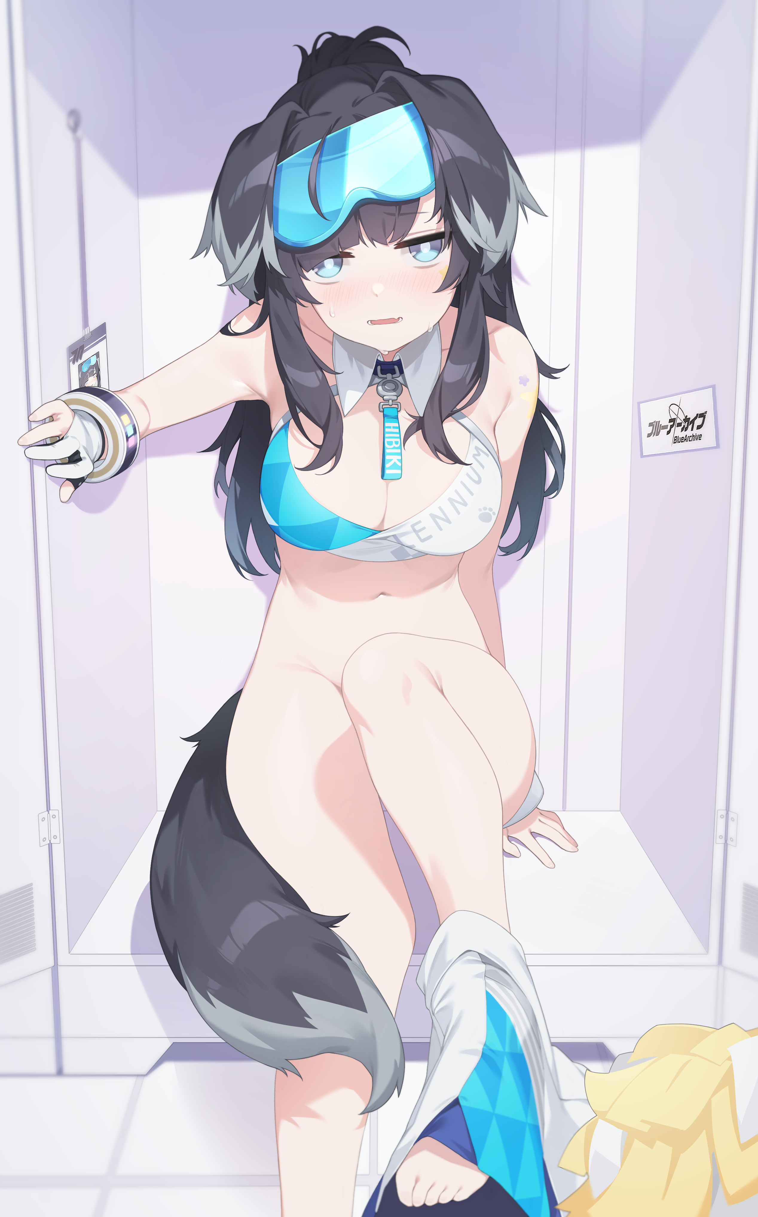 mokew, hibiki (blue archive), hibiki (cheer squad) (blue archive), blue  archive, absurdres, commentary, highres, 1girl, animal ears, barefoot,  black hair, blue eyes, blush, bottomless, bracelet, breasts, cleavage,  copyright name, crop top, dog