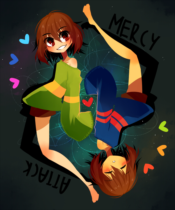 :o androgynous barefoot blush blush_stickers brown_eyes brown_hair chara_(undertale) closed_eyes english_text eyebrows frisk_(undertale) full_body gender_request grey_background grin heart long_legs long_sleeves off_shoulder open_mouth parted_lips projecttiger rotational_symmetry shorts simple_background sleeves_past_wrists smile spoilers striped_clothes striped_sweater sweater teeth undertale