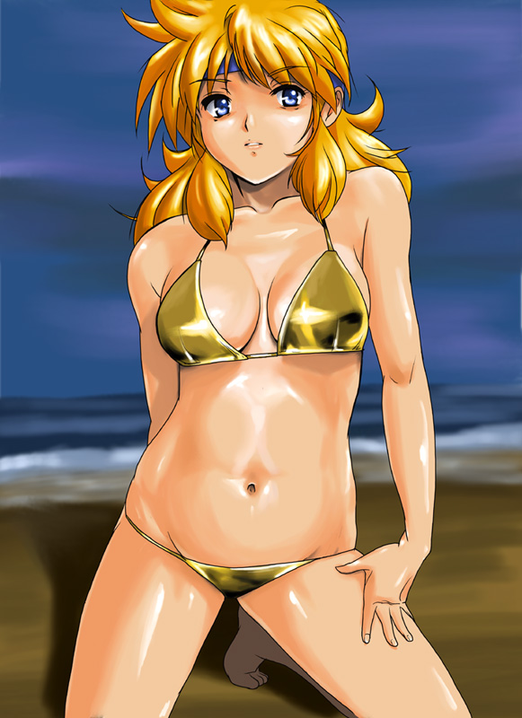 1girl banpresto bikini blonde_hair female_focus headband lune_zoldark shiny_skin shu-z solo super_robot_wars super_robot_wars_original_generation super_robot_wars_the_lord_of_elemental swimsuit yellow_bikini