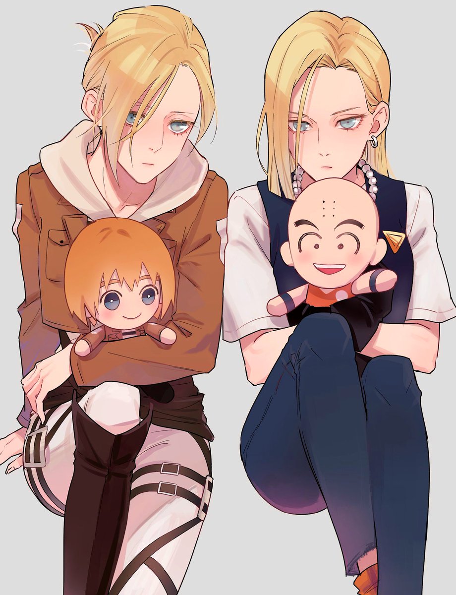 2boys 2girls a_sngk android_18 annie_leonhart armin_arlert bald blonde_hair blue_eyes blue_vest boots brown_footwear brown_jacket chibi dragon_ball dragonball_z earrings grey_background highres hood hoodie jacket jewelry kuririn looking_at_viewer multiple_boys multiple_girls necklace open_mouth pants paradis_military_uniform pearl_necklace shingeki_no_kyojin shirt short_sleeves simple_background sitting size_difference teeth upper_teeth_only vest white_hoodie white_pants white_shirt