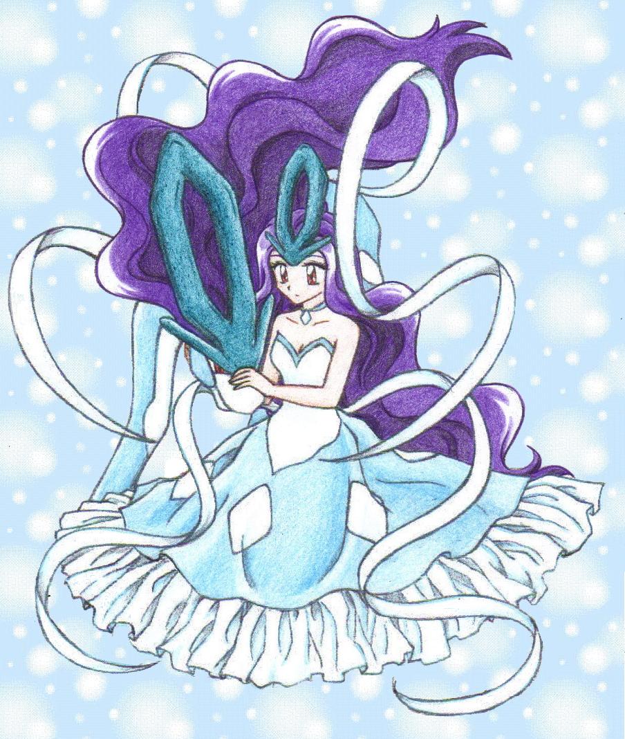 1girl big_hair blue_background blue_dress blue_theme chikorita85 collar collarbone creature creature_and_personification creatures_(company) dress game_freak gen_2_pokemon legendary_pokemon long_hair moemon nintendo personification pokemon pokemon_(creature) purple_hair suicune very_long_hair