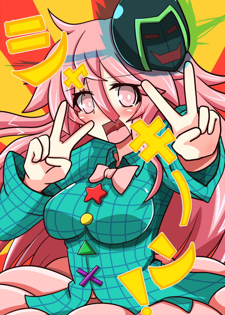 1girl blush checkered_clothes checkered_shirt double_v female_focus hata_no_kokoro kinnikuman long_hair mask pink_eyes pink_hair plaid_clothes plaid_shirt rindou_(p41neko) shirt solo touhou v warsman