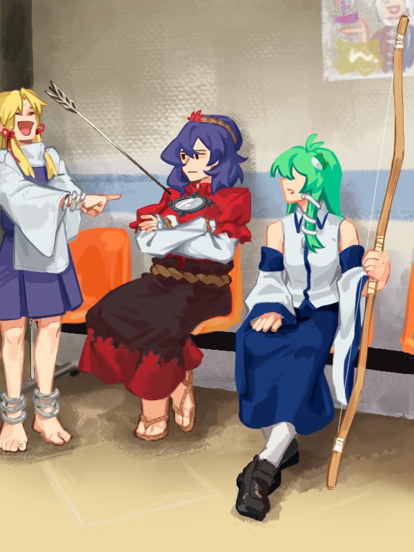 3girls ankle_ring arrow_(projectile) arrow_in_body bare_shoulders barefoot black_footwear blonde_hair blue_skirt bow_(weapon) breasts chair compound_bow crossed_arms crossed_legs detached_sleeves father_shot_by_son_(meme) frog_hair_ornament green_hair guiyu_(nocaudal) hair_ornament hair_ribbon happy holding holding_bow_(weapon) holding_weapon hospital impaled injury kochiya_sanae laughing leaf long_hair long_sleeves looking_to_the_side maple_leaf meme mirror moriya_suwako multiple_girls on_chair open_mouth pointing pointing_at_another purple_hair red_ribbon ribbon rope rope_belt sandals shirt shoes sitting skirt snake_hair_ornament socks touhou waiting_room weapon white_shirt white_socks wide_sleeves yagokoro_eirin yasaka_kanako