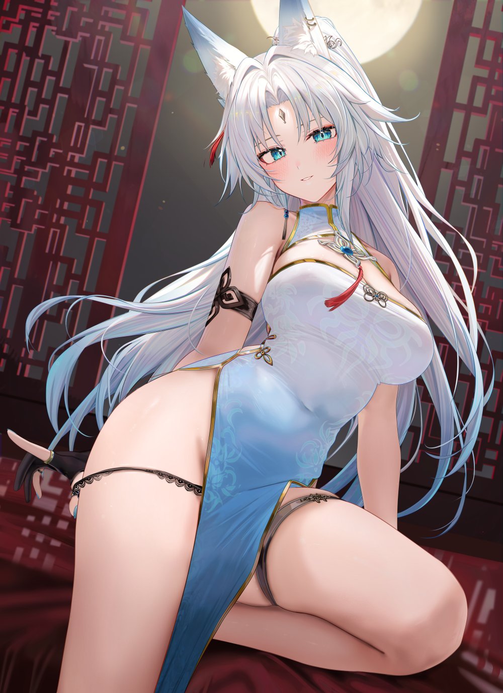 1girl animal_ear_fluff animal_ears architecture armlet bare_legs bare_shoulders black_gloves black_panties blue_dress blue_hair blue_nails blush breasts china_dress chinese_clothes cleavage collar commentary covered_navel dress east_asian_architecture feixiao_(honkai:_star_rail) foot_out_of_frame forehead_jewel fox_ears fox_girl full_moon gloves gradient_clothes gradient_dress gradient_hair green_eyes highres honkai:_star_rail honkai_(series) jewelry large_breasts legs long_hair looking_at_viewer moon multicolored_hair nail_polish outdoors paid_reward_available panties panty_pull parted_bangs parted_lips ponytail ru_zhai sidelocks sitting smile solo symbol-only_commentary thigh_strap underwear very_long_hair white_collar white_dress white_hair