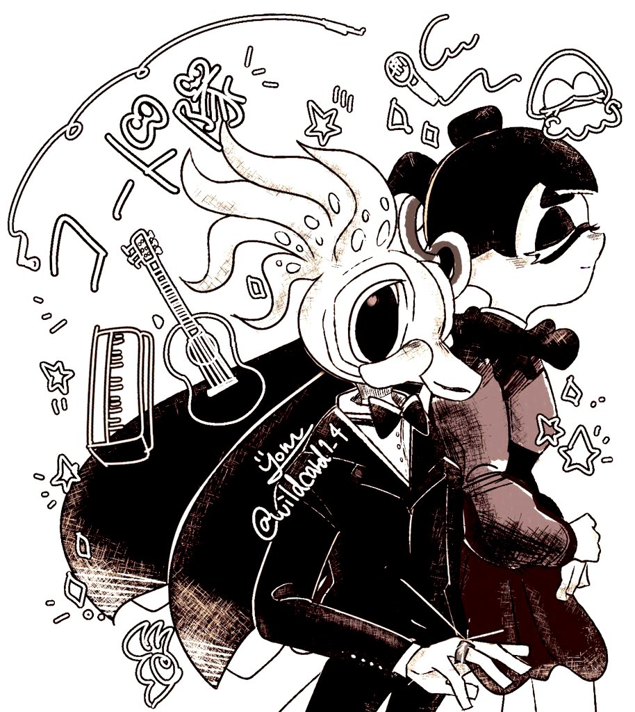 1boy 1girl black_bow black_bowtie black_dress black_hair black_jacket bow bowtie domino_mask dress glint jacket jessika_(splatoon) jewelry long_hair martin_(splatoon) mask nintendo profile ring shirt splatoon_(series) splatoon_3 star_(symbol) tentacle_hair white_shirt wildcard1_4