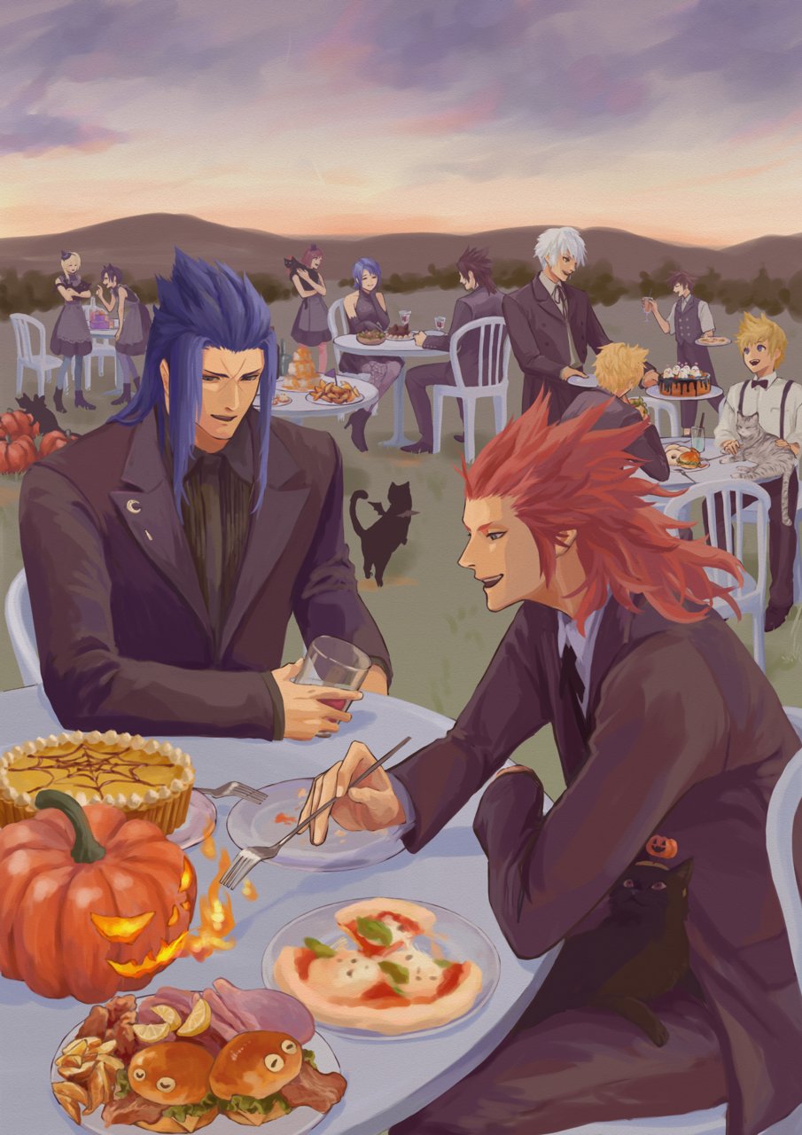 4girls aqua_(kingdom_hearts) axel_(kingdom_hearts) black_hair blonde_hair blue_hair cat commentary cup dress english_commentary fire food fork halloween highres holding holding_cup holding_fork jack-o&#039;-lantern kairi_(kingdom_hearts) kingdom_hearts long_hair mukashino multiple_boys multiple_girls namine open_mouth outdoors pizza pumpkin red_hair roxas saix short_hair smile sora_(kingdom_hearts) spiked_hair suits terra_(kingdom_hearts) ventus_(kingdom_hearts) xion_(kingdom_hearts)