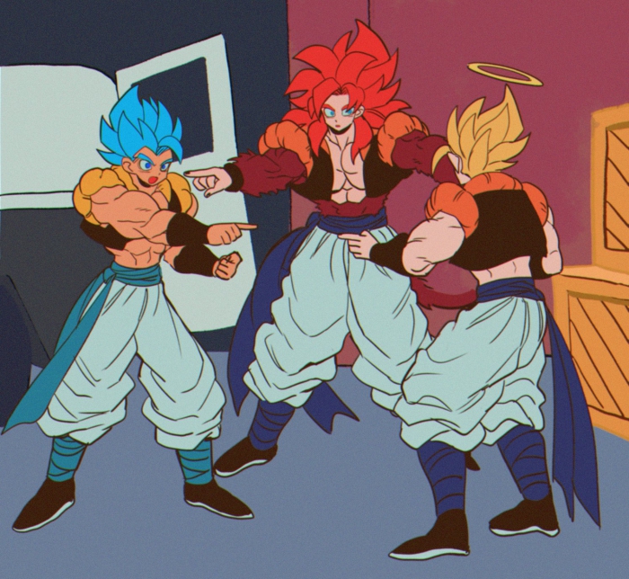 3boys abs blonde_hair blue_eyes blue_hair blue_sash body_fur commentary dragon_ball dragon_ball_gt dragon_ball_super dragon_ball_super_broly dragonball_z gogeta meme metamoran_vest monkey_boy monkey_tail multiple_boys muscular muscular_male nanika_(nnkgh) open_mouth pants parody pointing pointing_at_another pointing_spider-man_(meme) red_fur red_hair sash short_hair spiked_hair standing super_saiyan super_saiyan_1 super_saiyan_4 super_saiyan_blue symbol-only_commentary tail white_pants