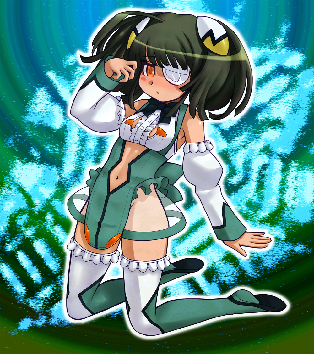 1girl ahoge black_bow black_bowtie blunt_bangs boots bow bowtie breasts detached_sleeves ebi_tendon eyepatch female_focus frilled_thighhighs frills full_body green_footwear green_hair green_thighhighs leotard navel necktie nipples no_panties orange_eyes otomedius pelvic_curtain revealing_clothes see-through_clothes see-through_skirt skirt small_breasts solo thighhighs tita_nium twintails