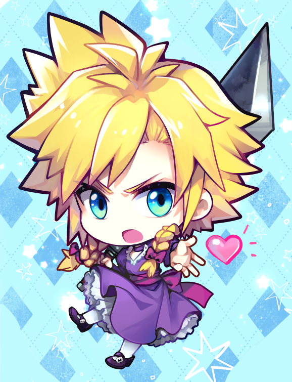 blonde_hair blue_eyes braid buster_sword chibi cloud_strife cloud_strife_(ball_gown) crossdressing dress final_fantasy final_fantasy_vii frown heart male_focus mary_janes open_mouth purple_dress sebychu shoes solo spiked_hair wall_market