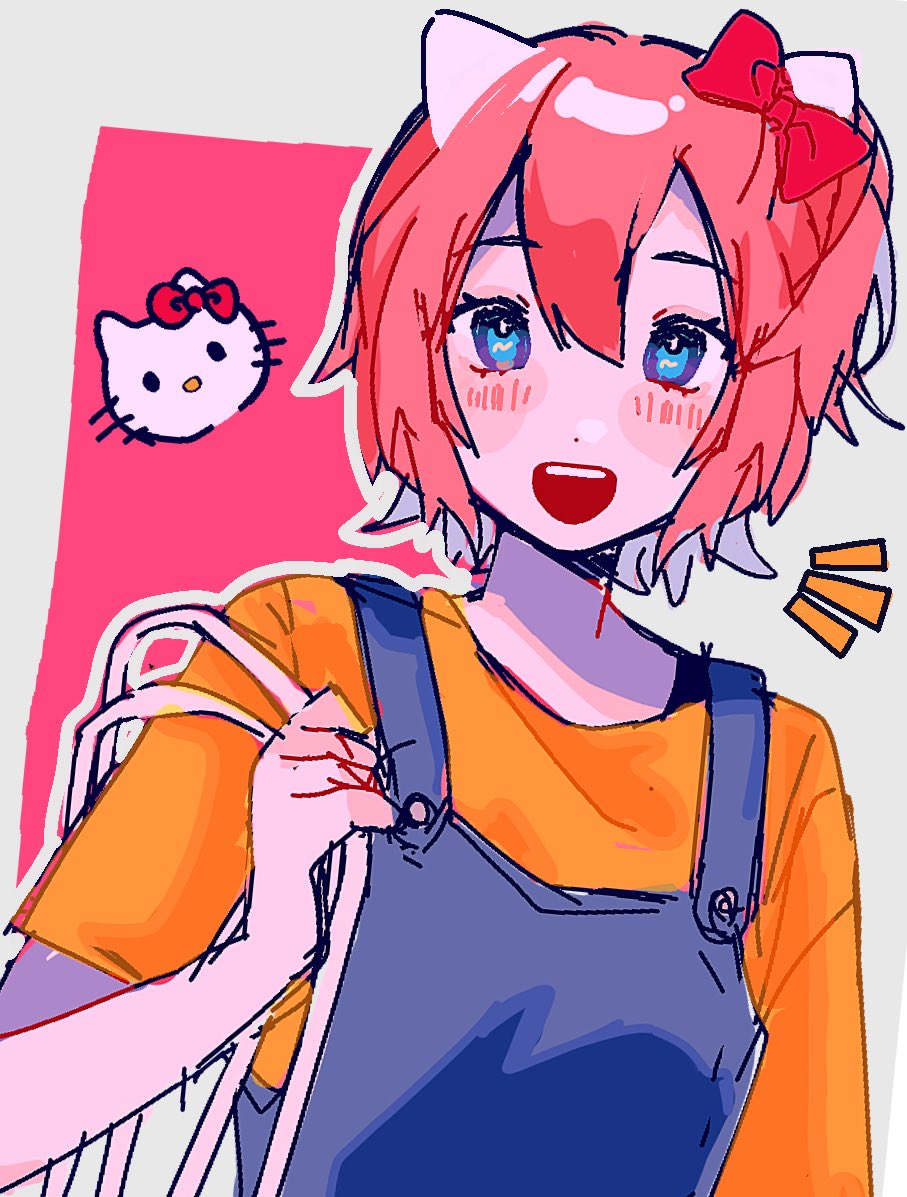 1girl :d animal_ears avocado_umaaai blue_eyes blue_overalls bow breasts cat_ears commentary_request doki_doki_literature_club dot_nose double-parted_bangs grey_background grey_outline hair_between_eyes hair_bow hand_up hello_kitty hello_kitty_(character) looking_at_viewer notice_lines open_mouth orange_shirt outline overalls red_bow red_hair sanrio sayori_(doki_doki_literature_club) shirt short_hair short_sleeves simple_background small_breasts smile solo teeth upper_body upper_teeth_only