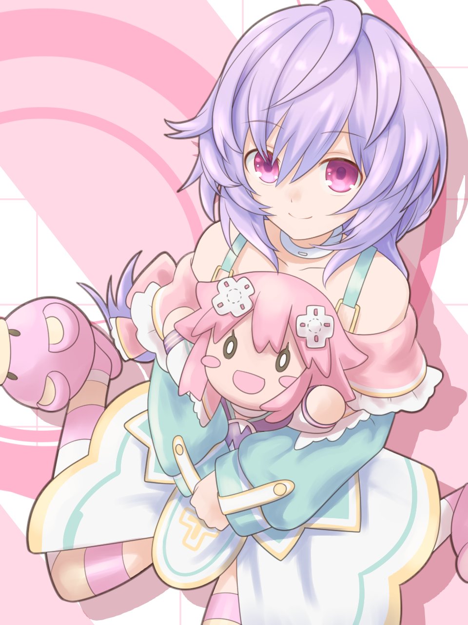 1girl character_doll d-pad d-pad_hair_ornament hugging_doll dress from_above hair_between_eyes hair_ornament highres kami_jigen_game_neptune_v looking_at_viewer messy_hair neptune_(neptunia) neptune_(series) hugging_object pink_eyes purple_hair pururut smile solo