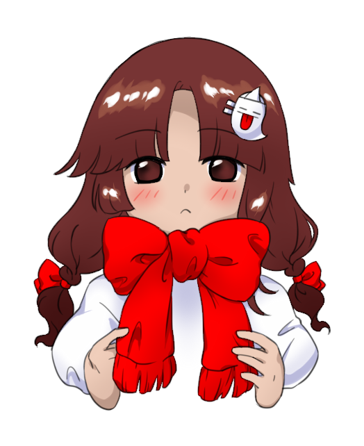 1girl bakebake_(touhou) blush bow bowtie brown_eyes brown_hair closed_mouth frown hair_ornament hair_ribbon looking_at_viewer low_twintails nonamejd official_style parted_bangs puffy_sleeves red_bow red_bowtie red_ribbon ribbon rika_(touhou) simple_background solo touhou touhou_(pc-98) twintails upper_body white_background zun_(style)