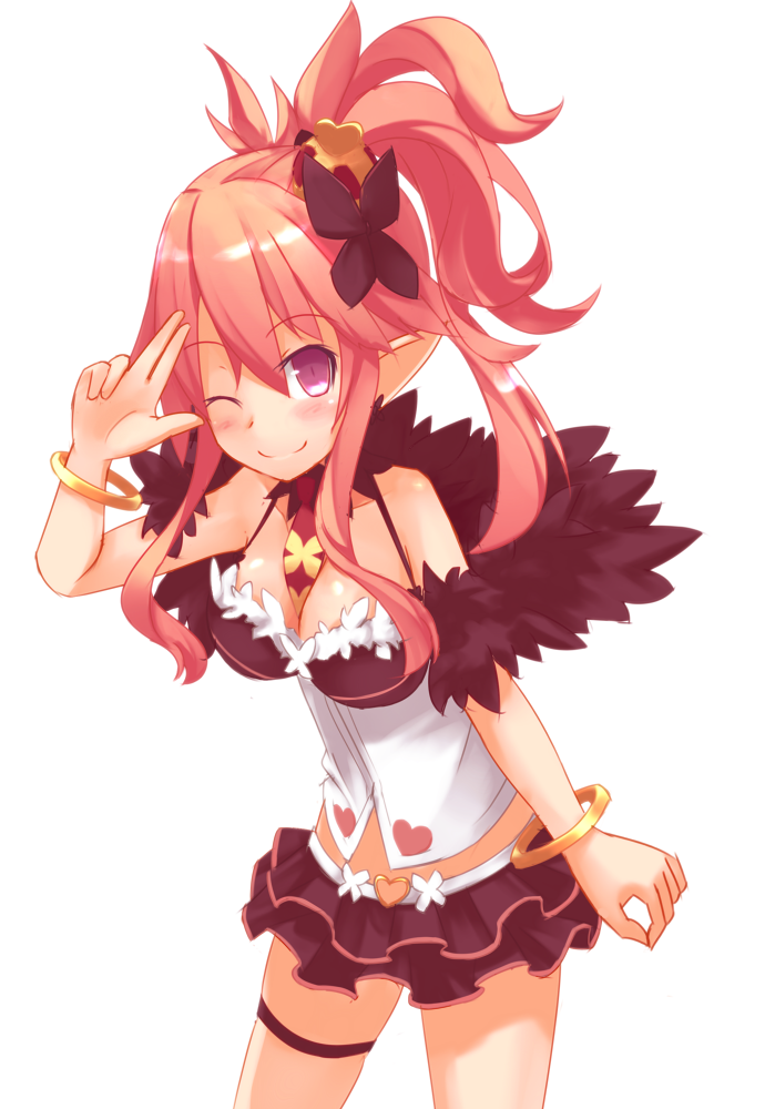 1girl blush bracelet breasts cleavage cowboy_shot crown disgaea female_focus hair_ornament hairpin heart himajin_(starmine) jewelry long_hair looking_at_viewer makai_senki_disgaea_5 one_eye_closed pink_hair pointy_ears purple_eyes red_crown salute seraphina_(disgaea) seraphine simple_background skirt smile solo white_background