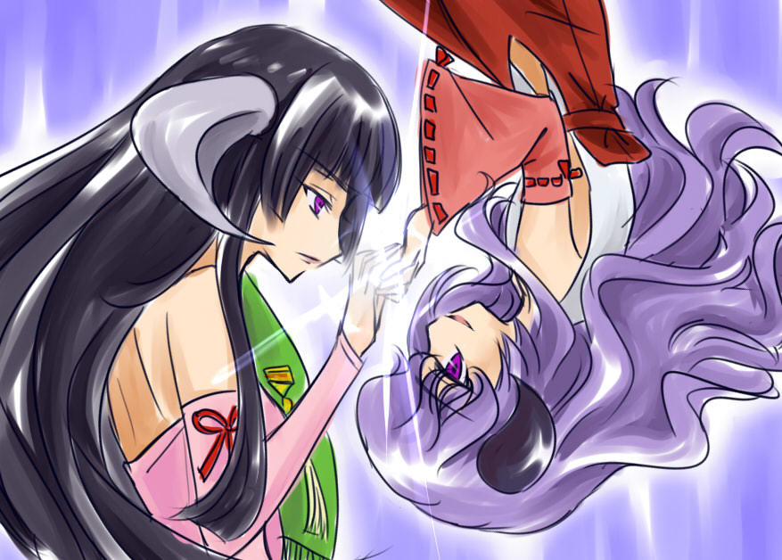 00s 2girls black_hair blunt_bangs company_connection creator_connection crossover detached_sleeves featherine_augustus_aurora hakama hakama_skirt hanyuu higurashi_no_naku_koro_ni hime_cut holding_hands horns japanese_clothes miko multiple_girls purple_eyes purple_hair red_hakama skirt umineko_no_naku_koro_ni zatsudan