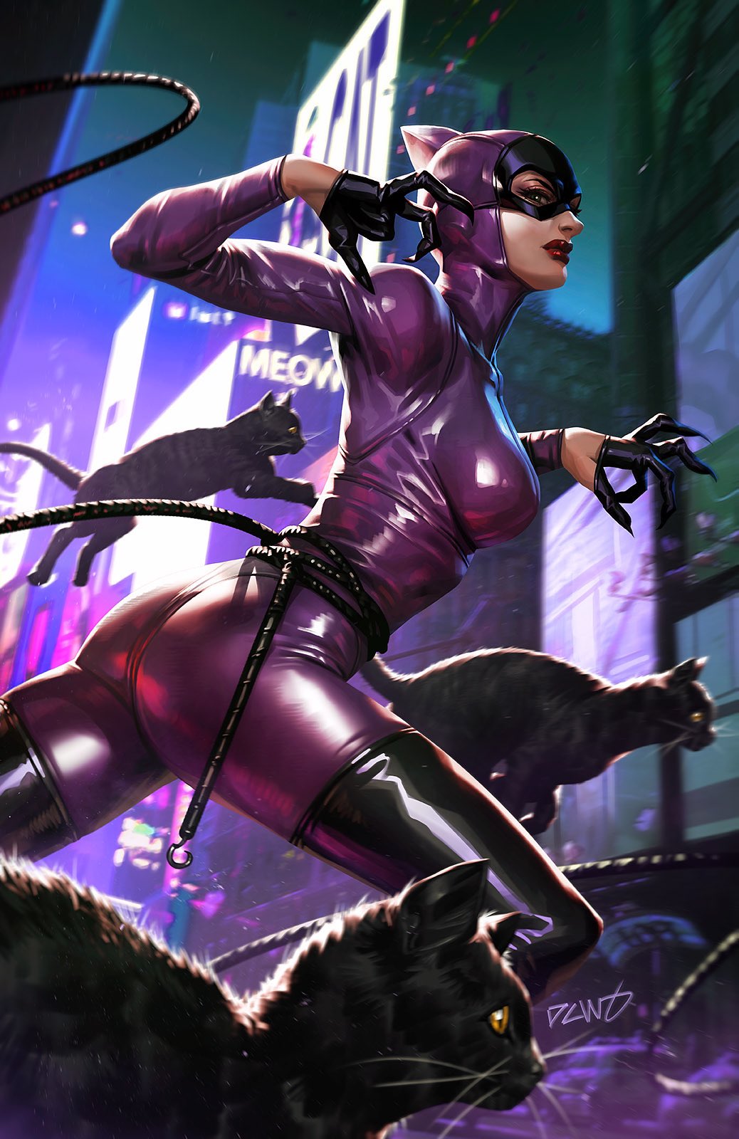 1girl ass batman_(series) black_cat black_footwear black_gloves bodysuit boots cat catwoman city commentary dc_comics dcwj english_commentary gloves highres looking_at_viewer night outdoors purple_bodysuit red_lips selina_kyle signature thigh_boots yellow_eyes