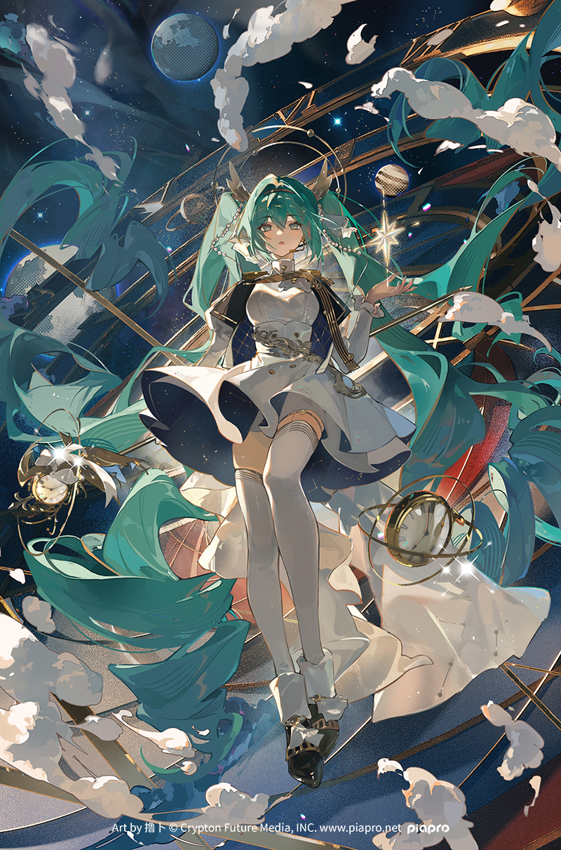 1girl aqua_hair black_footwear dress floating_hair full_body hair_between_eyes hair_ornament hand_up hatsune_miku highres long_hair long_sleeves looking_at_viewer parted_lips solo thighhighs toto_(caaaaarrot) very_long_hair vocaloid white_dress white_thighhighs